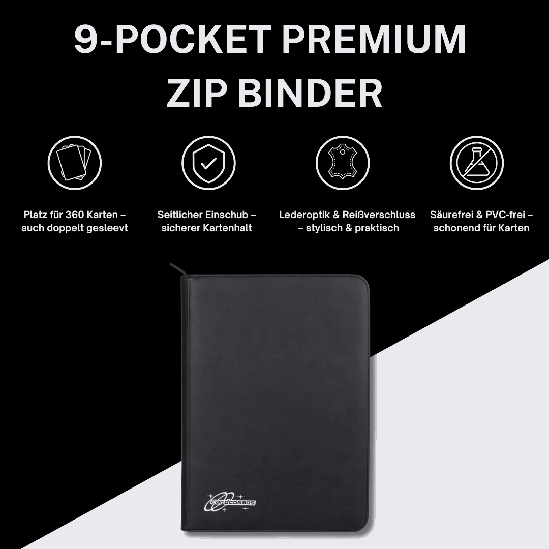 cardcosmos - 9 Pocket Zip Premium Leather Binder - Schwarz/Silber