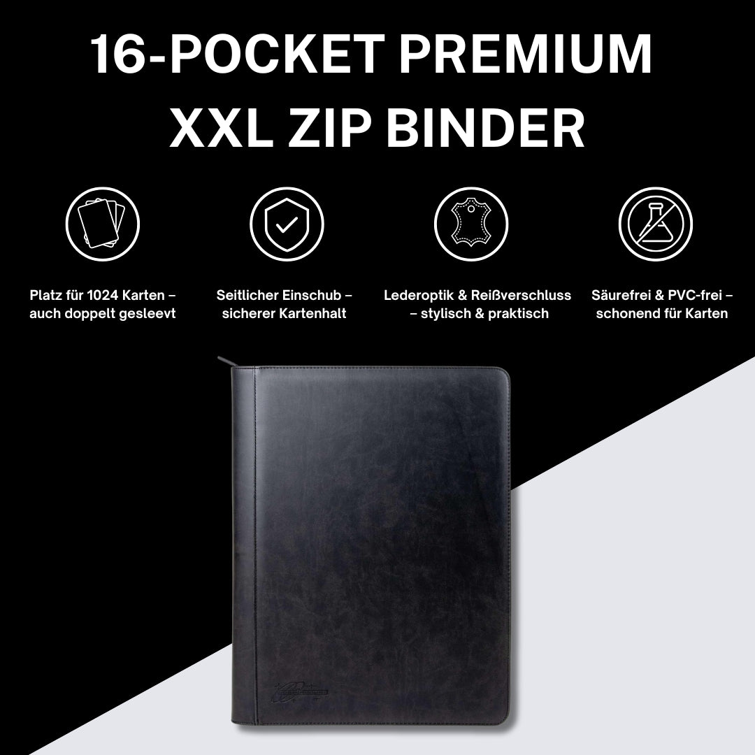cardcosmos - 16 Pocket Zip Premium XXL Leather Binder - Schwarz - Cardcosmos