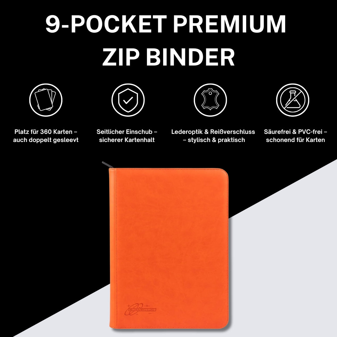 cardcosmos - 9 Pocket Zip Premium Leather Binder - Orange - Cardcosmos