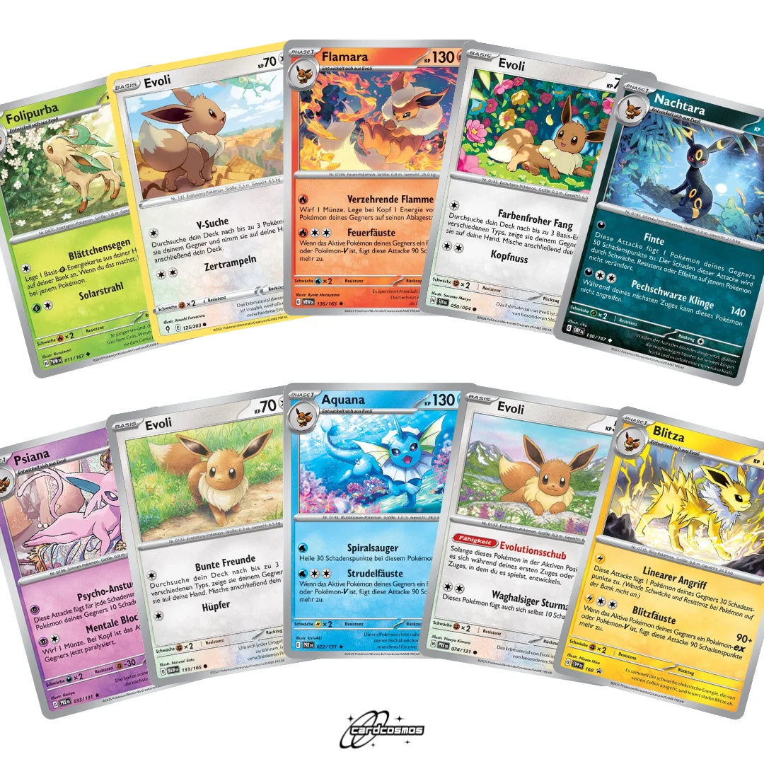 Pokémon Card Set German – 10 Eevee/Eevee & Evolutions Cards – Randomly Assembled