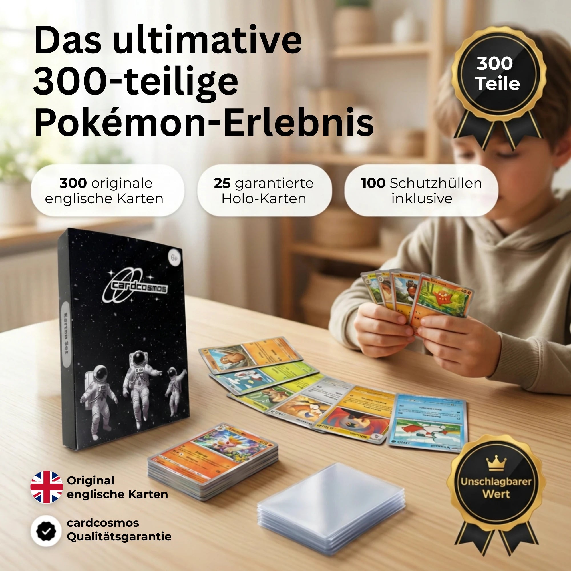 Set de cartes Pokémon Anglais – 200 cartes dont 25 Holo + 100 Protège cartes