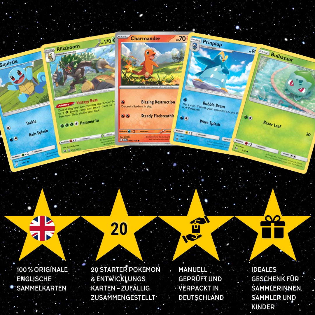 Set de cartes Pokémon Anglais – 20 cartes Pokémon de départ & évolutions – Assemblage aléatoire