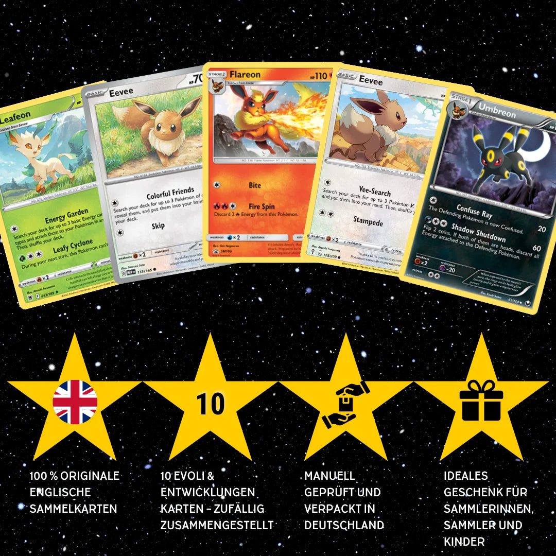 Pokémon Card Set English – 10 Eevee/Eevee & Evolutions Cards – Randomly Assembled