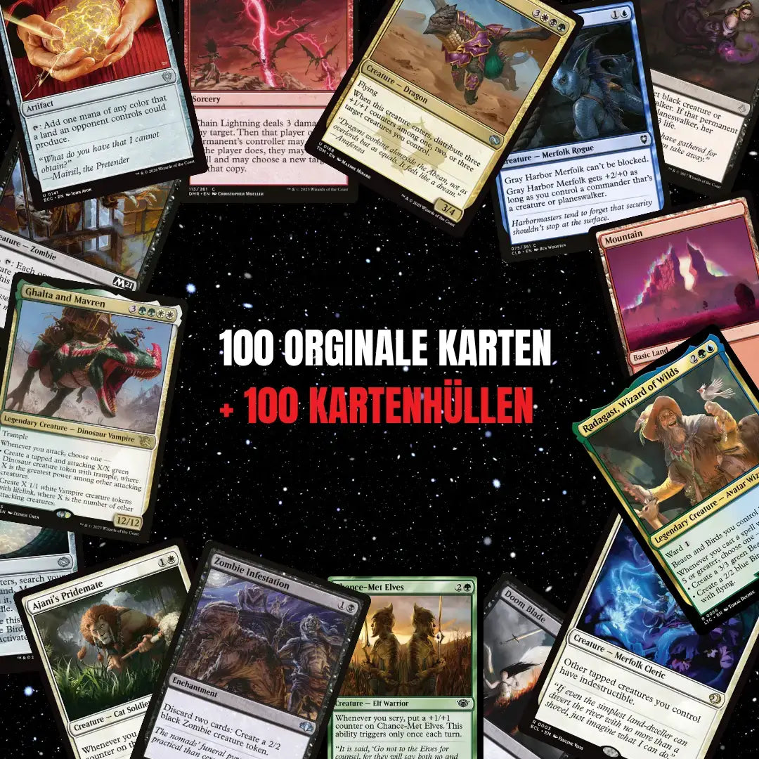 Magic: The Gathering Card Set English – 100 cards incl. 8 Rares & 2 Foils + 100 Card Sleeves