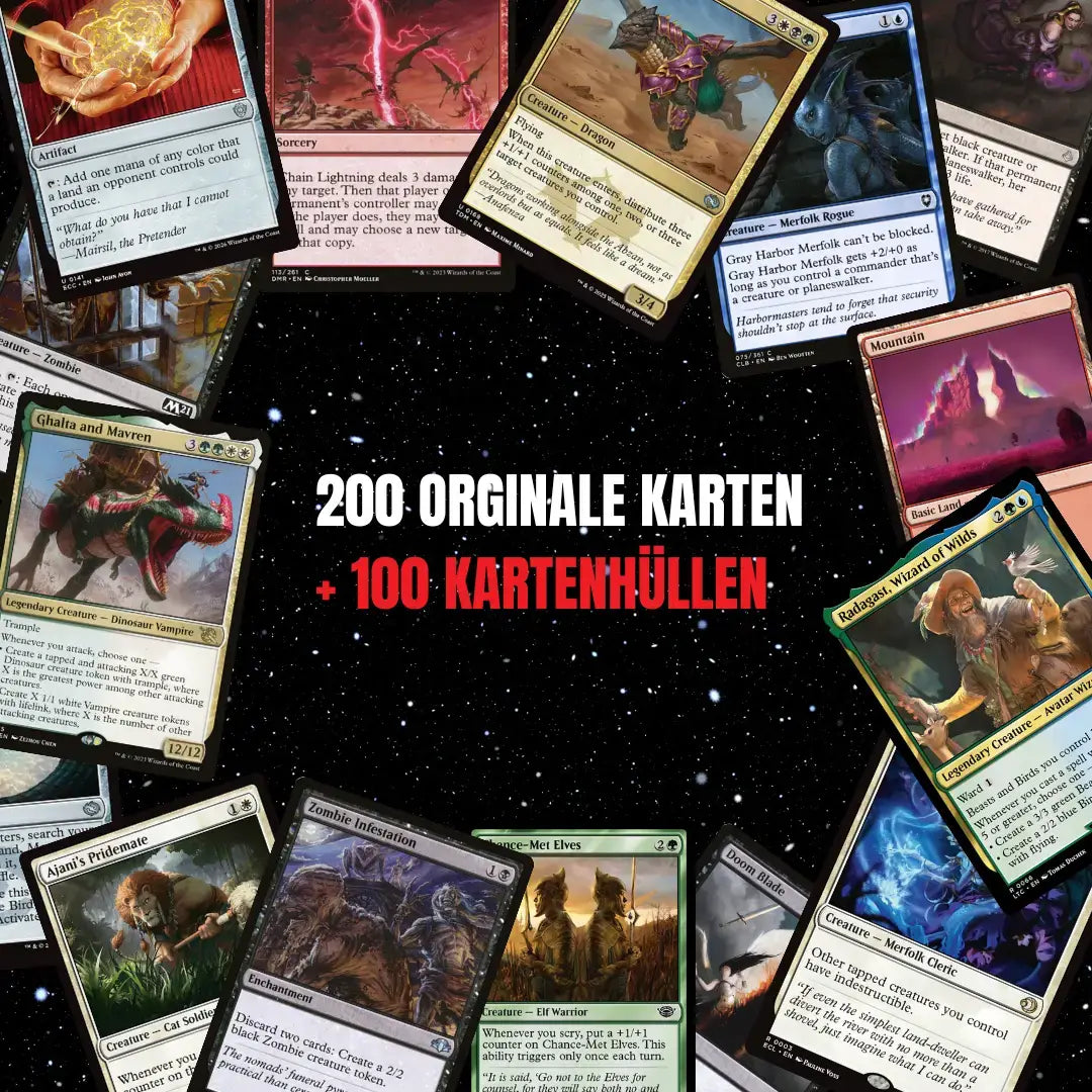 Magic: The Gathering Card Set English – 200 cards incl. 16 Rares & 4 Foil + 100 Card Sleeves