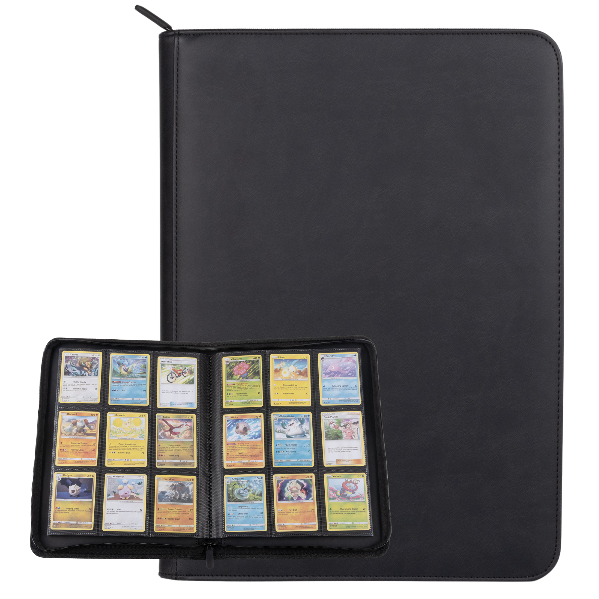 cardcosmos - 9 Pocket Zip Premium Leather Binder - Schwarz/Silber - Cardcosmos