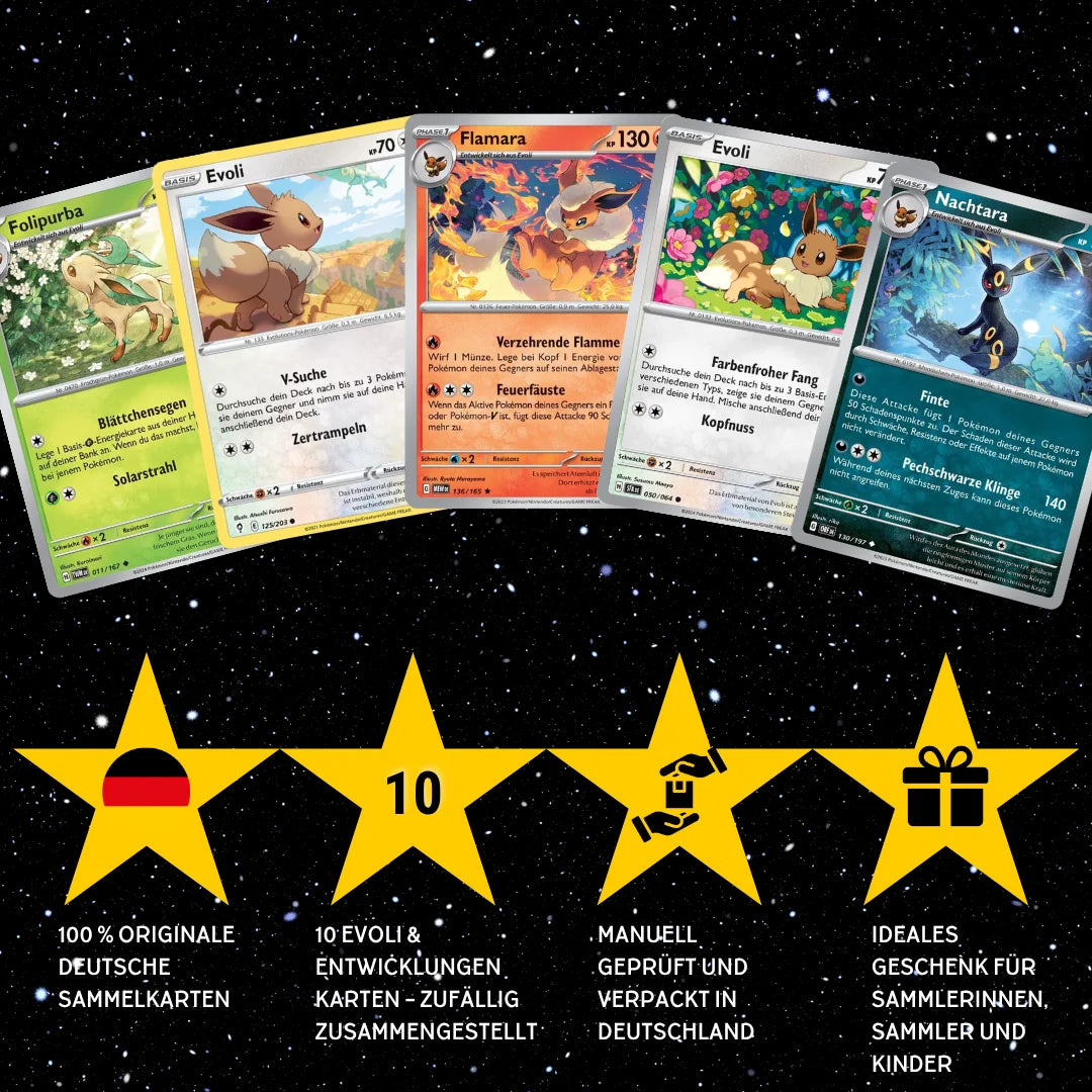 Pokémon Karten Set Deutsch – 10 Karten Evoli/Eevee & Entwicklungen – Zufällig zusammengestellt