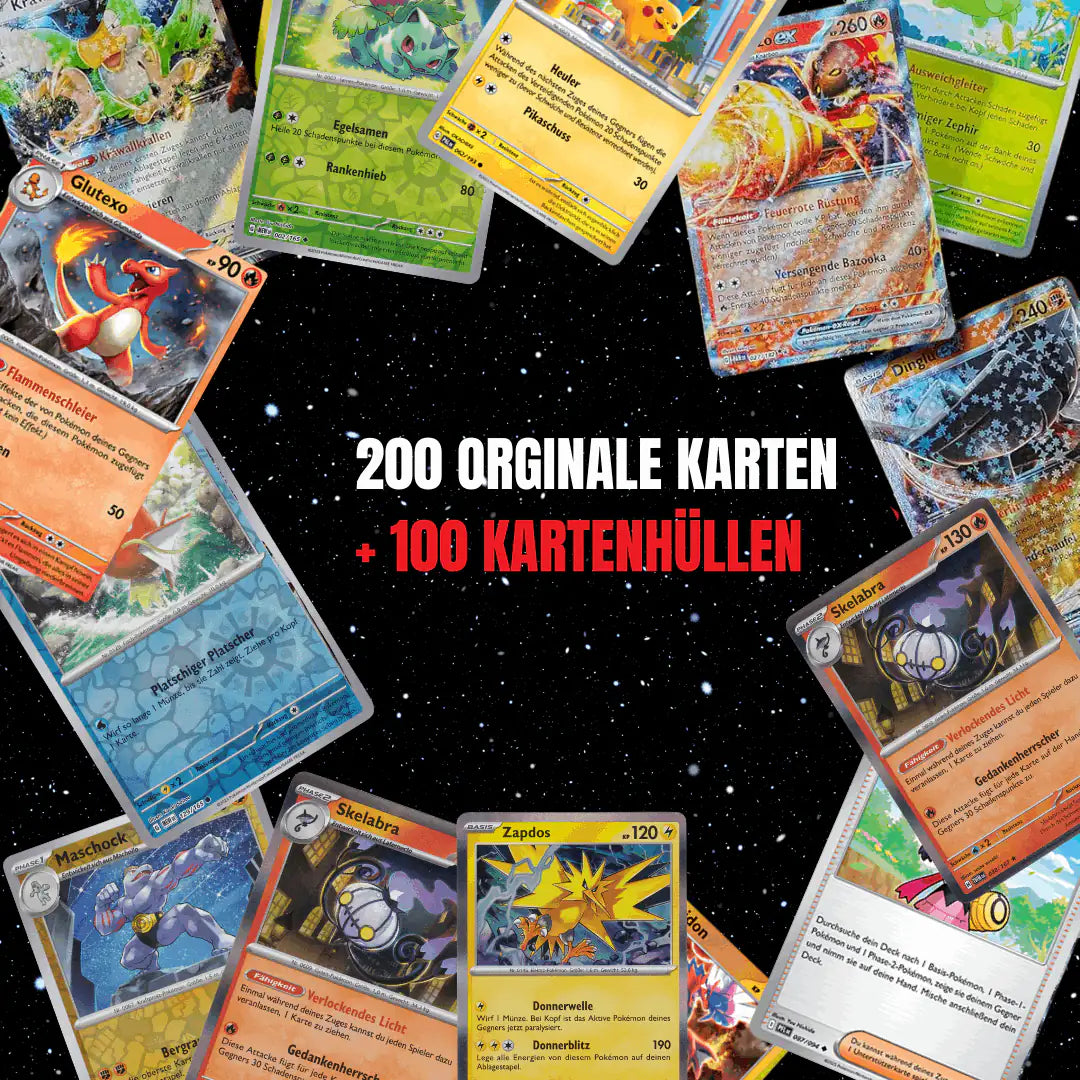 Pokémon Karten Set Deutsch – 200 Karten inkl. 25 Holo + 100 Kartenhüllen