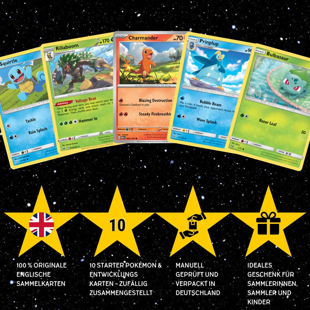 Pokémon Karten Set Englisch – 10 Karten Starter Pokémon & Entwicklungen – Zufällig zusammengestellt
