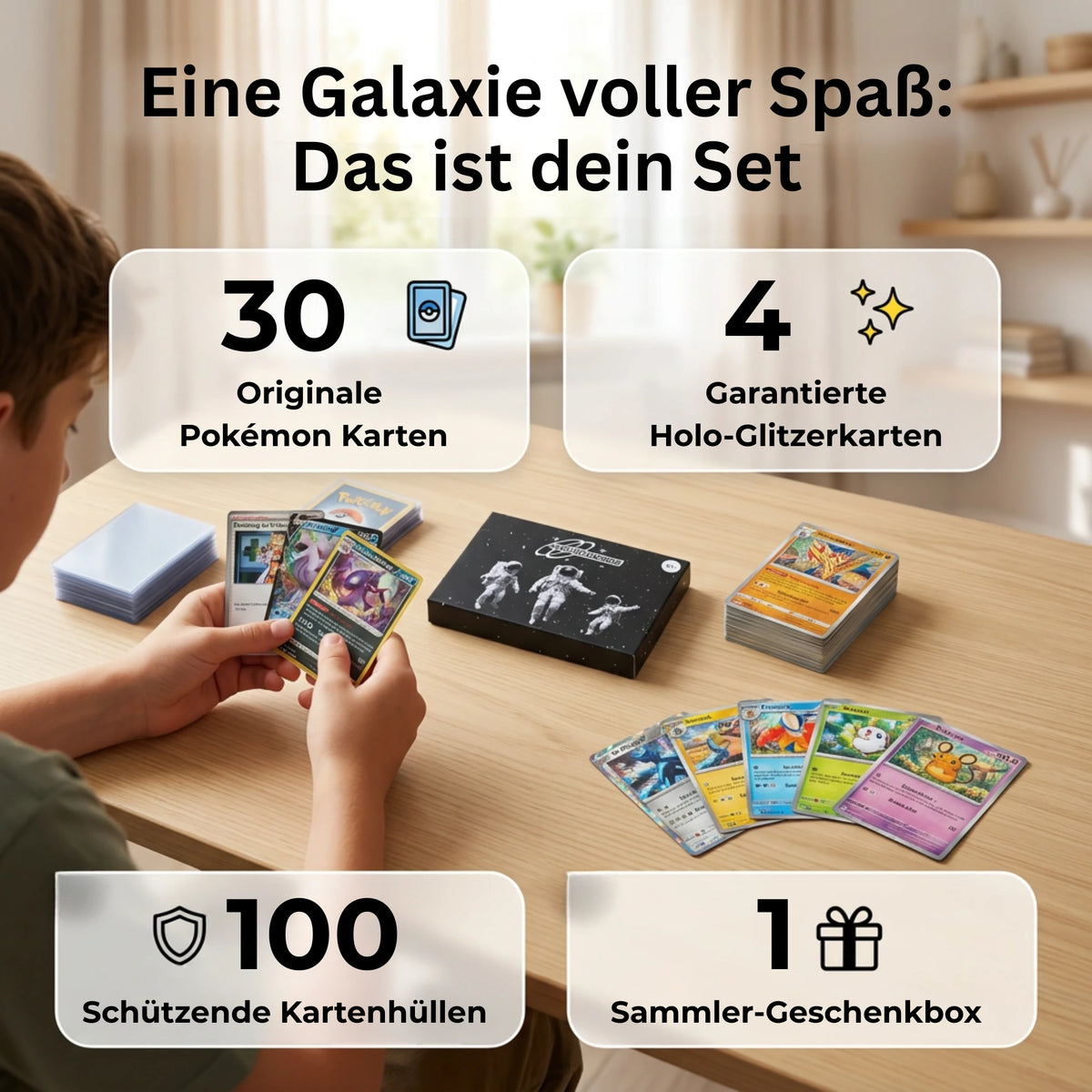 Pokémon Karten Set Englisch – 30 Karten inkl. 4 Holo + 100 Kartenhüllen
