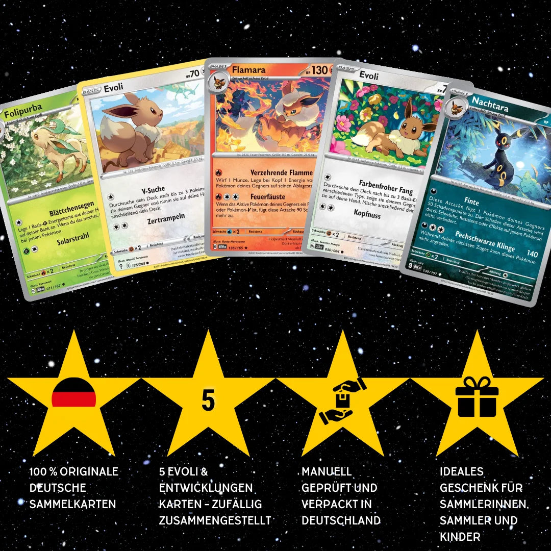 Pokémon Karten Set Englisch – 5 Karten Evoli/Eevee & Entwicklungen – Zufällig zusammengestellt