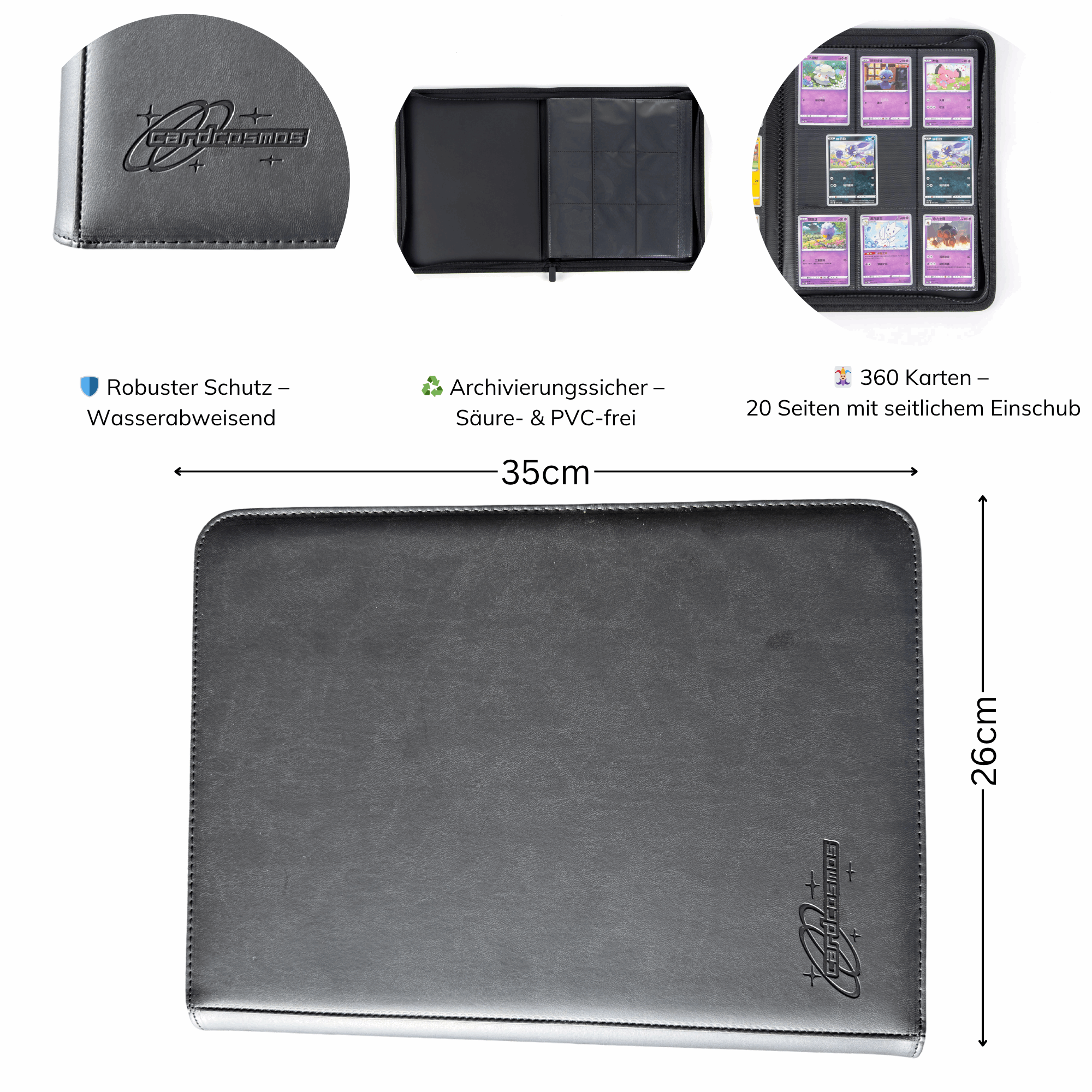 cardcosmos_9_Pocket_Zip_Premium_Leather_Binder_Schwarz_Schwarz details