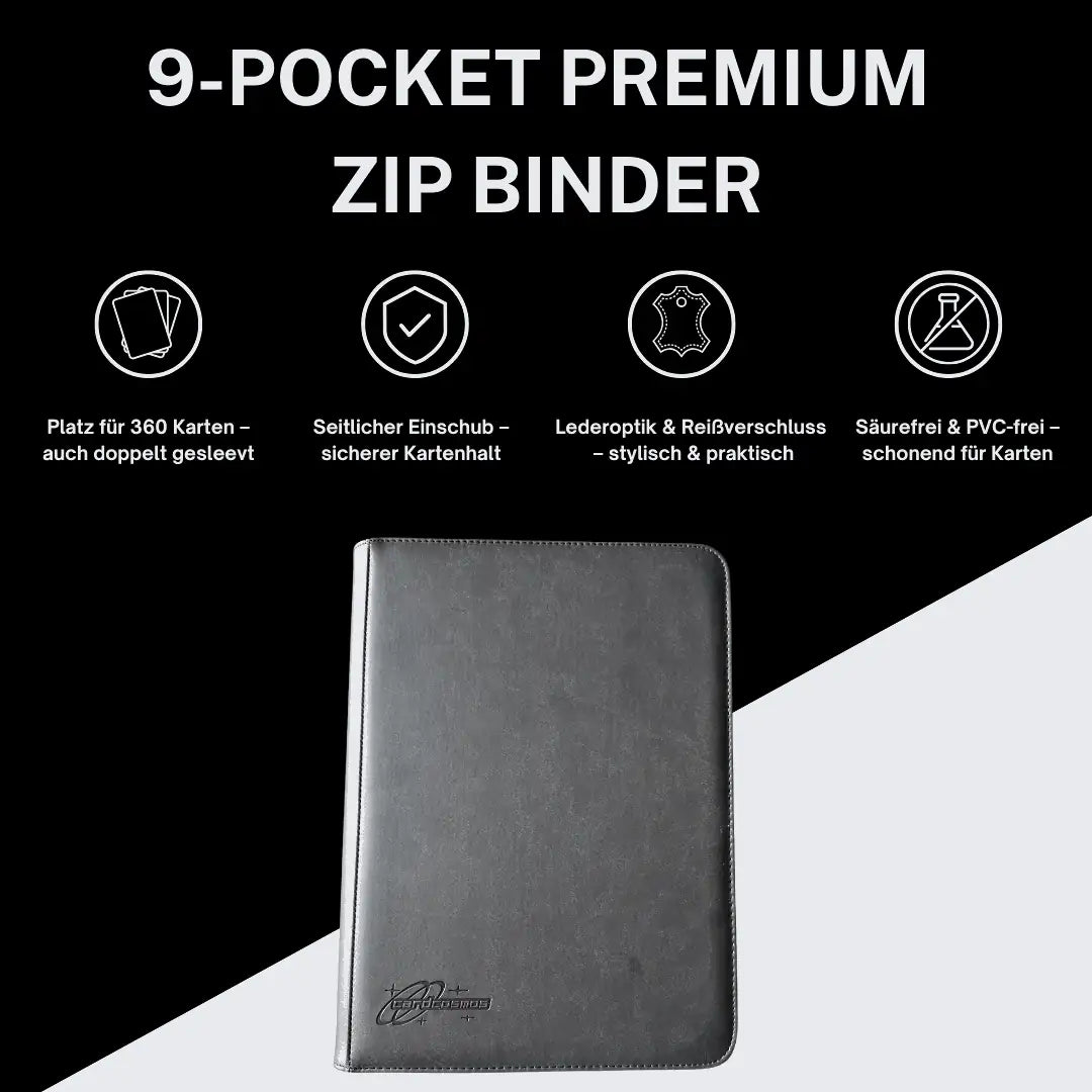 cardcosmos - 9 Pocket Zip Premium Leather Binder - Schwarz/Schwarz