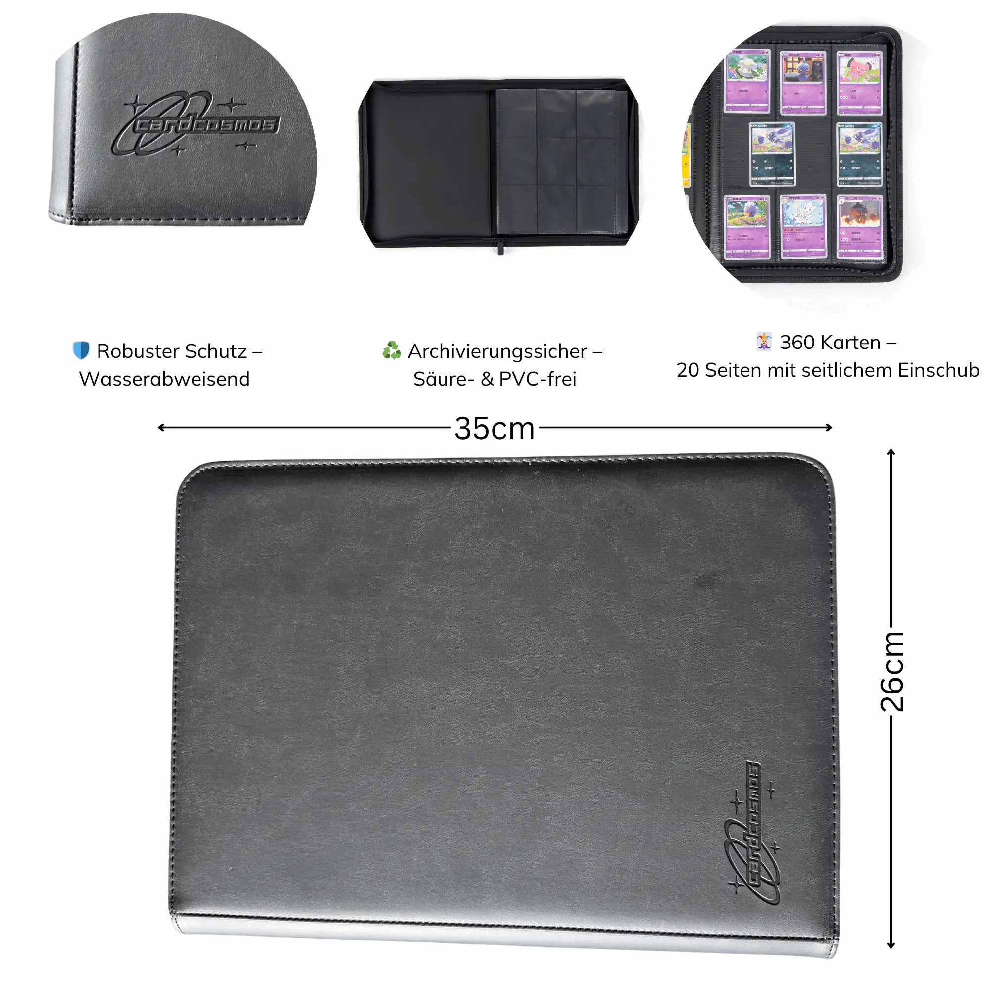 cardcosmos - 9 Pocket Zip Premium Leather Binder - Schwarz/Schwarz